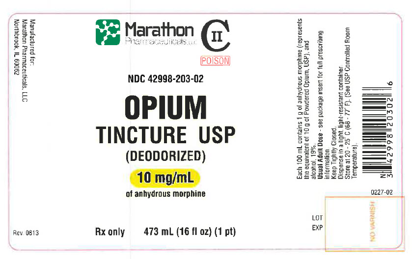 NDC-42998-203-02 Opium Tincture USP (Deodorized) 10 mg/mL of anhydrous morphine Rx Only 473 mL (16 fl oz) (1 pt)