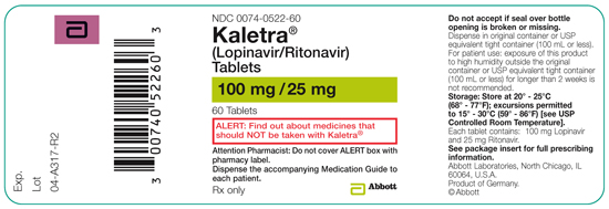 Kaletra® (Lopinavir/Ritonavir) Tablets 100mg /25mg 60 Tablets Label