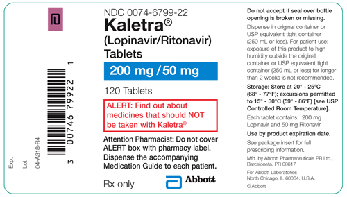 Kaletra® (Lopinavir/Ritonavir) Tablets 200mg / 50mg 120 Tablets Label