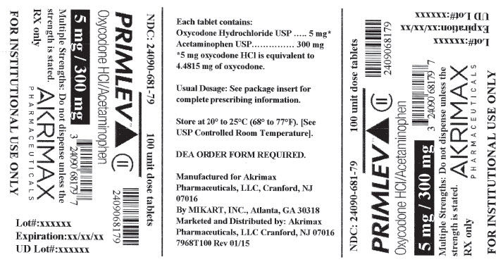NDC:24090-681-79 100 unit dose tablets PRIMLEV Oxycodone HCI/Acetaminophen 10 mg / 300 mg