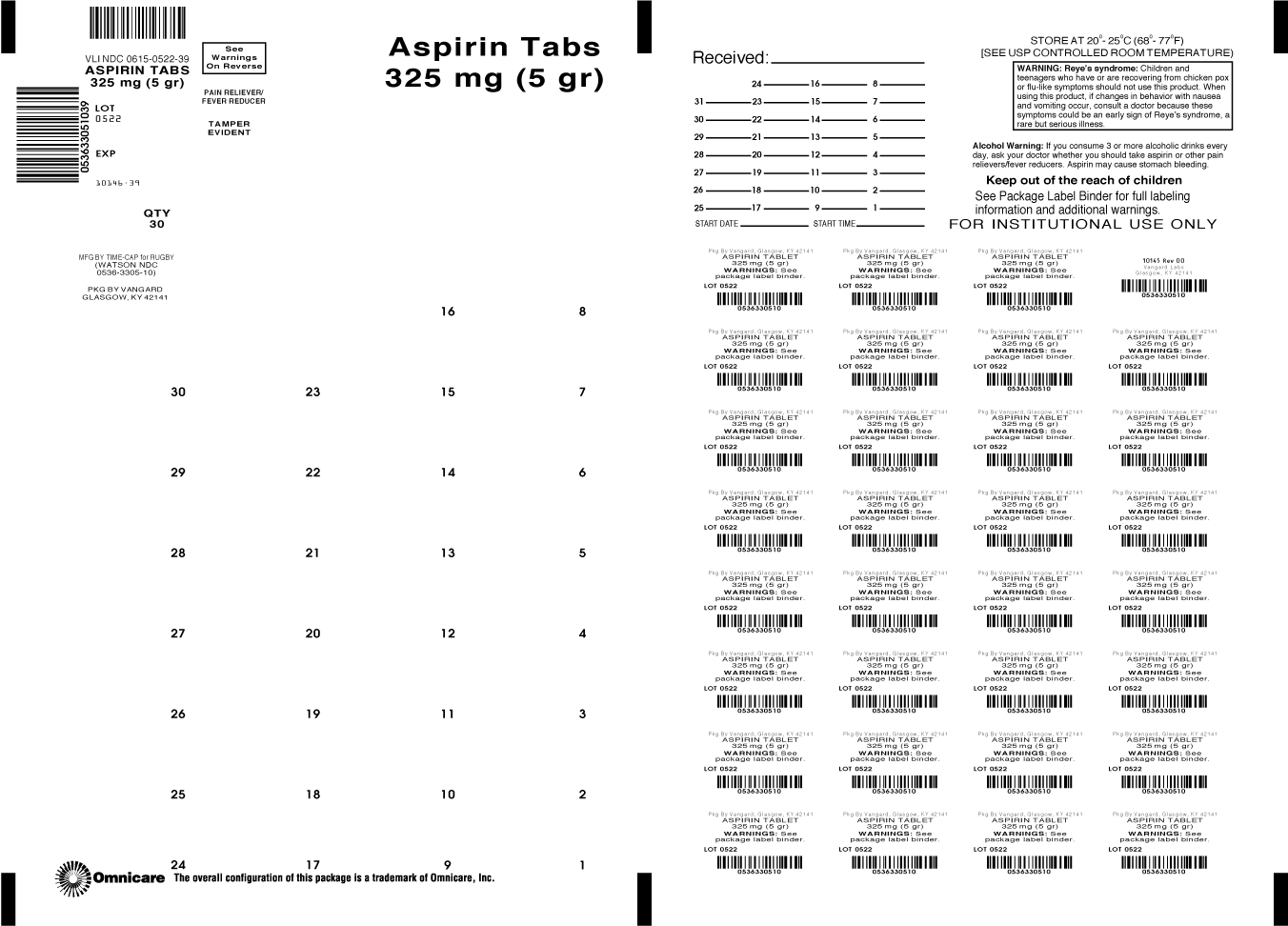 Aspirin Tabs (NSAID) 325mg (5 gr)