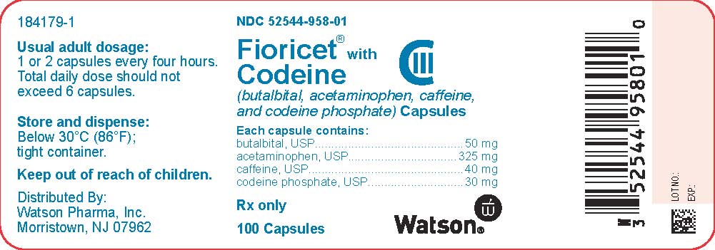 Fioricet® with Codeine (butalbital, acetaminophen, caffeine, and codeine phosphate) Capsules Bottle with 100 Capsules NDC 52544-958-01