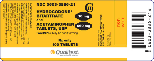 This is an image of the label for 10 mg/660 mg Hydrocodone Bitartrate and Acetaminophen Tablets.
