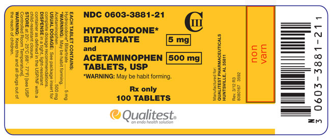 This is an image of the label for 5 mg/500 mg Hydrocodone Bitartrate and Acetaminophen Tablets.