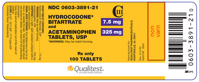 This is an image of the label for 7.5 mg/325 mg Hydrocodone Bitartrate and Acetaminophen Tablets.