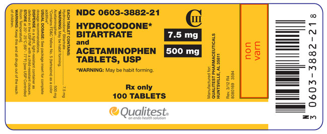 This is an image of the label for 7.5 mg/500 mg Hydrocodone Bitartrate and Acetaminophen Tablets.