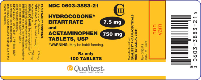 This is an image of the label for 7.5 mg/750 mg Hydrocodone Bitartrate and Acetaminophen Tablets.