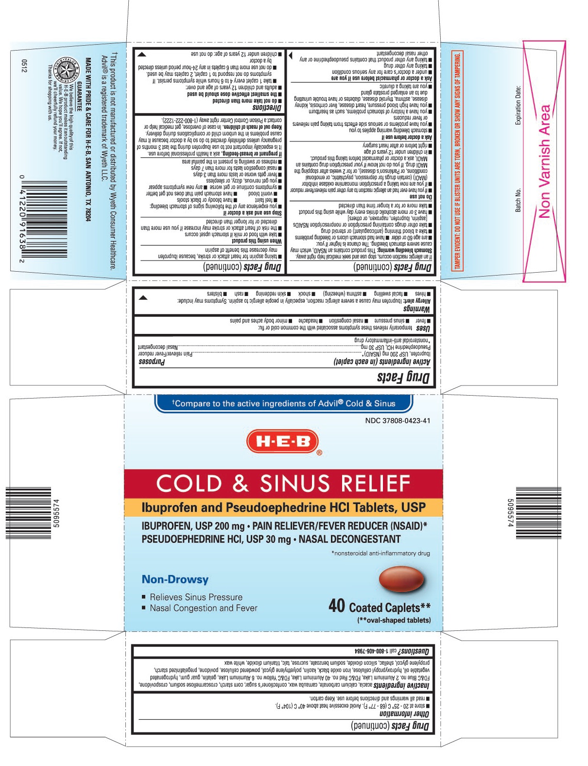 This is the 40 count blister carton label for HEB Ibuprofen and Pseudoephedrine HCl Tablets, USP