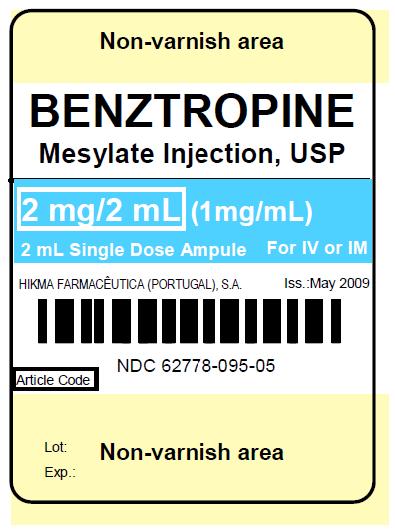 PRINCIPAL DISPLAY PANEL
BENZTROPINE 
Mesylate Injection, USP
2 mg/2 mL (1 mg/mL)
NDC 62778-095-05
