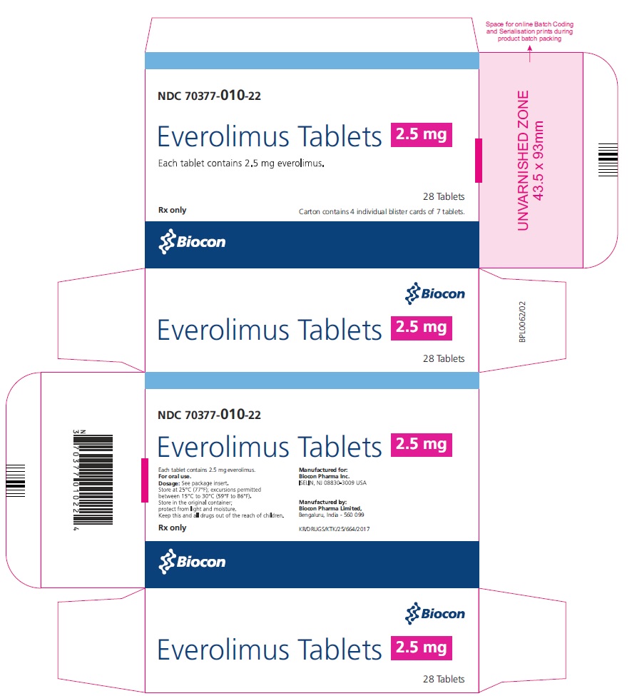 PRINCIPAL DISPLAY PANEL Package Label 2.5 mg Rx Only		NDC 70377-010-22 Everolimus Tablets Each tablet contains 2.5 mg everolimus 28 Tablets Carton contains 4 individual blister cards of 7 tablets