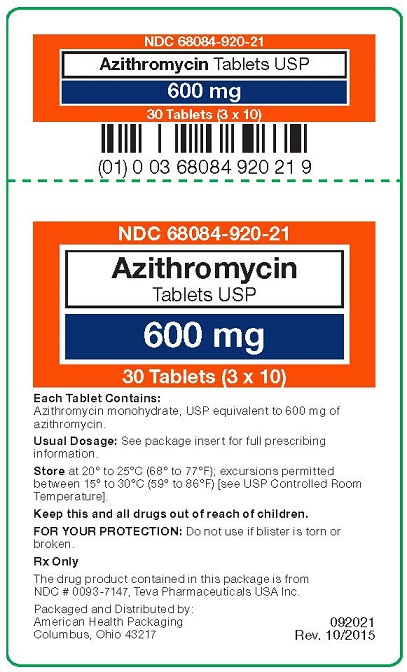 Azithromycin Tablets USP 600 mg carton label
