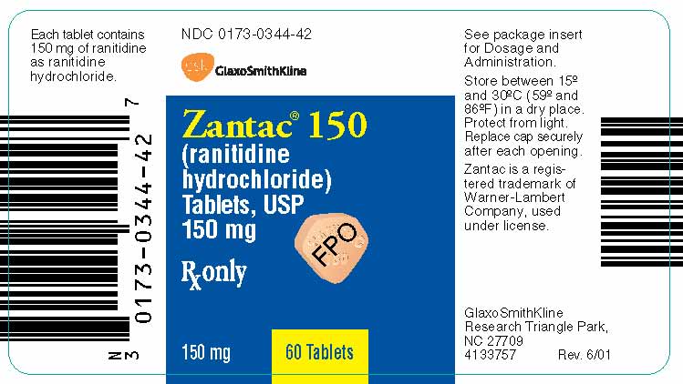 Zantac Tablets 150 mg bottle label x 60