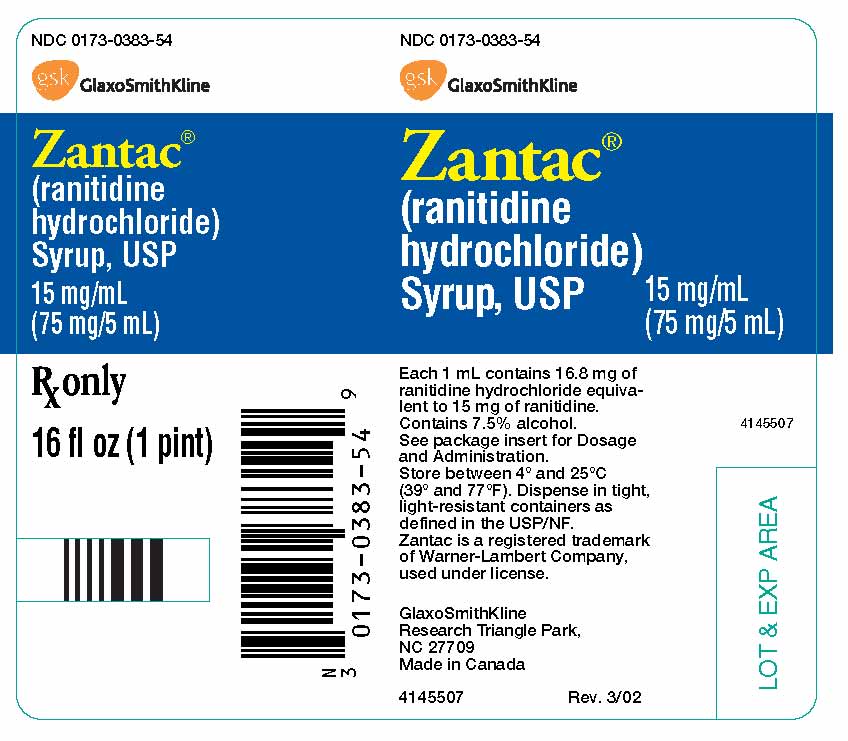 Zantac Syrup 15 mg/mL Pint Bottle label