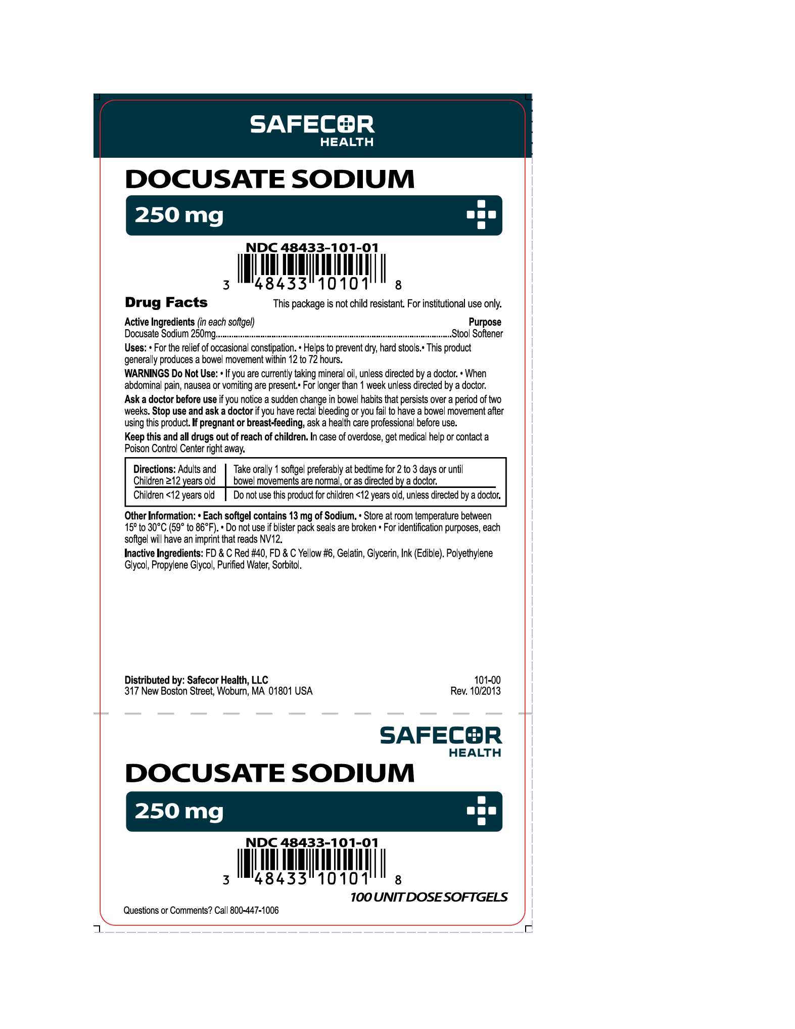 Docusate soldium 250 mg Unit Dose Box Label