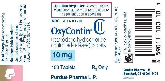 OxyContin 10mg 100 Tablets Label