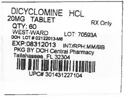 Dicyclomine Hydrochloride Capsules, USP 20 mg Tablets