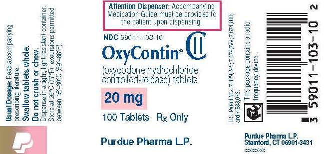 OxyContin 20mg 100 Tablets Label