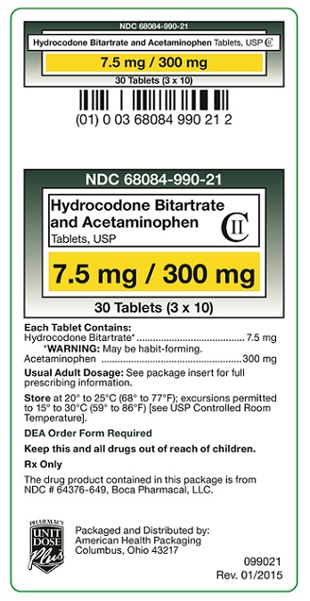 Hydrocodone Bitartrate and Acetaminophen Tablets, 7.5/300 mg USP label.jpg