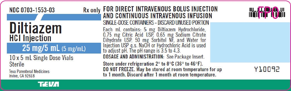 Diltiazem HCl Injection 25 mg/5 mL (5 mg/mL) 10 x 5 mL Single Dose Vials Tray Label