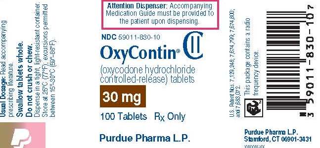 OxyContin 30mg 100 Tablets Label