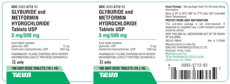 Glyburide Metformin 5 mg/500 mg 100's carton