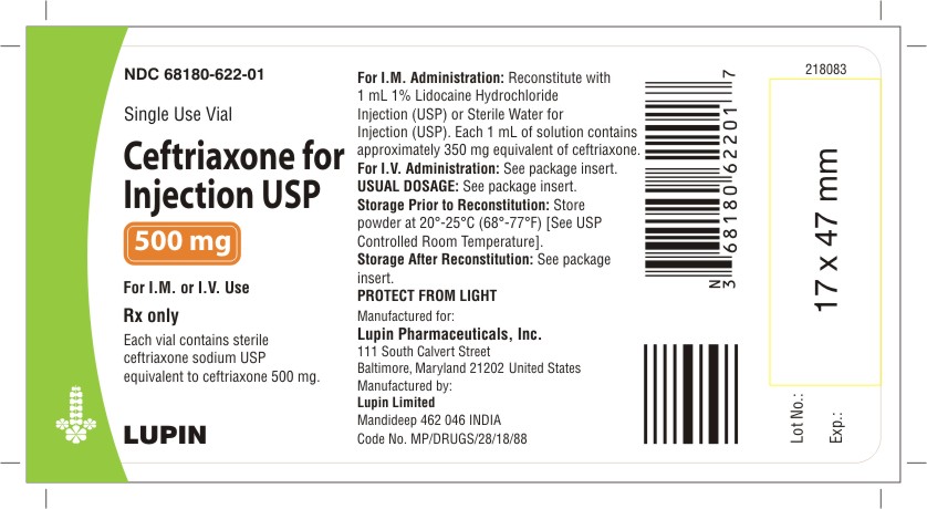 CEFTRIAXONE FOR INJECTION USP
500 mg 
Rx Only
NDC 68180-622-01
1 VIAL In 1 BOX