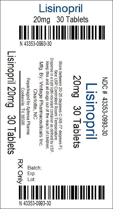 This is an image of the label for 20 mg Lisinopril Tablets, USP.