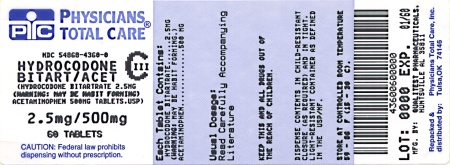 This is an image of the label for 2.5 mg/500 mg Hydrocodone Bitartrate and Acetaminophen Tablets.