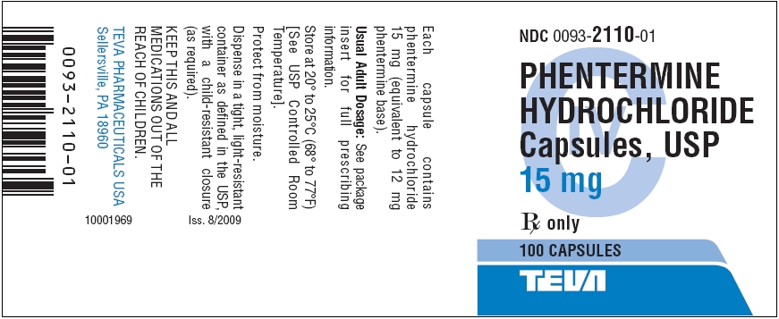 Phentermine Hydrochloride Capsules USP 15 mg, CIV, 100s Label