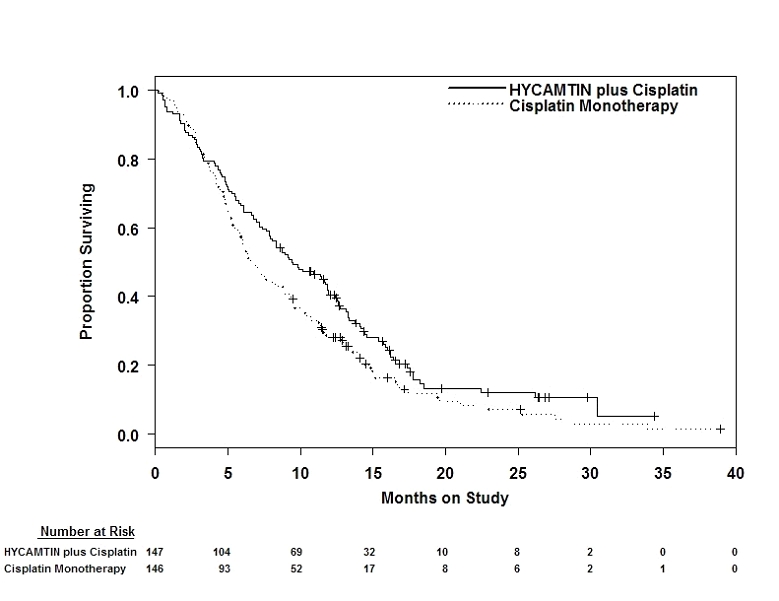 Figure 1. Overall Survival Curves Comparing HYCAMTIN plus Cisplatin versus Cisplatin Monotherapy in Cervical Cancer Patients