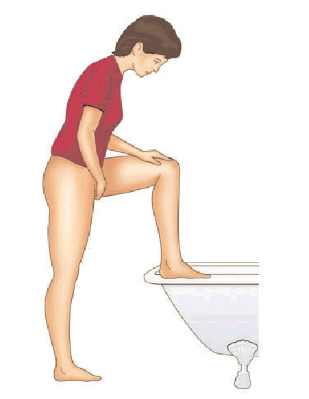 Diagram of woman standing up with one leg on the bathtub