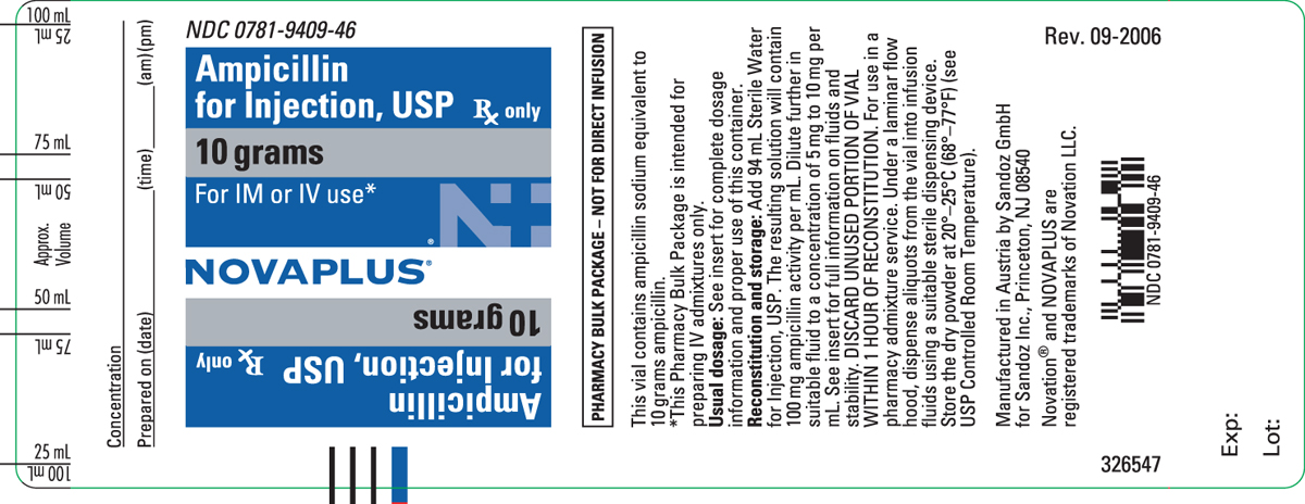 Ampicillin 10 gram Pharmacy Bulk Package Vial Label
