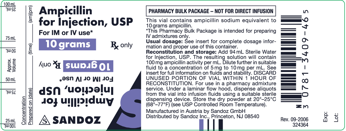 Ampicillin 10 gram Pharmacy Bulk Package Vial Label