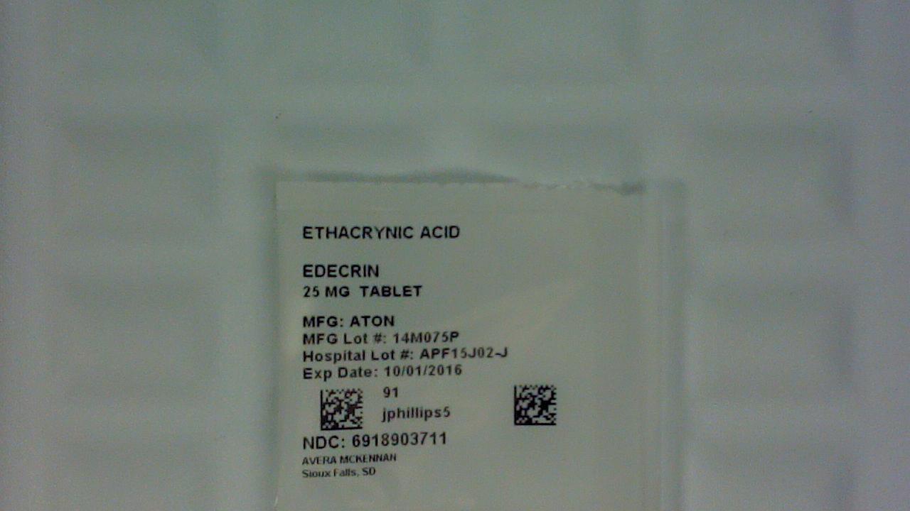 Ethacrynic Acid 25mg tablet label