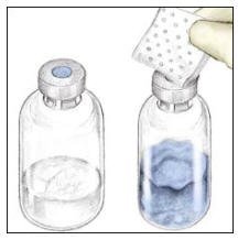 3. Disinfect the stoppers with an alcohol swab (or other suitable solution suggested by your doctor or hemophilia center) by rubbing the stoppers firmly for several seconds, and allow to dry prior to use. Place the vials on a flat surface.