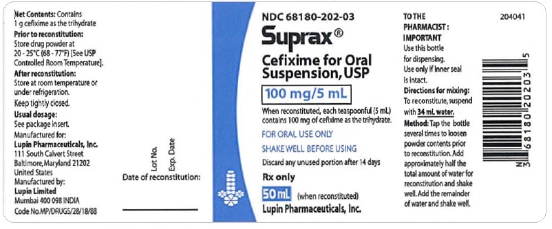 SUPRAX CEFIXIME FOR ORAL SUSPENSION USP
100 mg/5 mL
Rx only
NDC 68180-202-03: Bottle of 50 mL