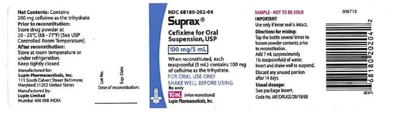 SUPRAX CEFIXIME FOR ORAL SUSPENSION USP
100 mg/5 mL
Rx only
NDC 68180-202-04: Bottle of 10 mL (Physician Sample Pack)