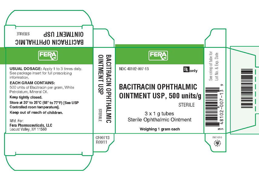 Bacitracin Ophthalmic Ointment USP, 500 units/g - 3 x 1 g tubes carton label