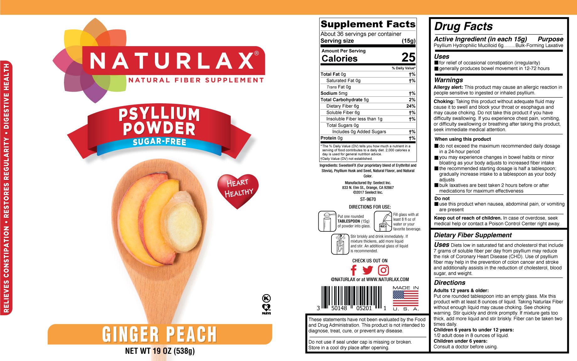 Naturlax Ginger Peach Flavored Psyllium Fiber