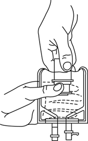 figure 5 With the other hand, push the drug vial down into the container telescoping the walls of the container. Grasp the inner cap of the vial through the walls of the container. (SEE FIGURE 5.)