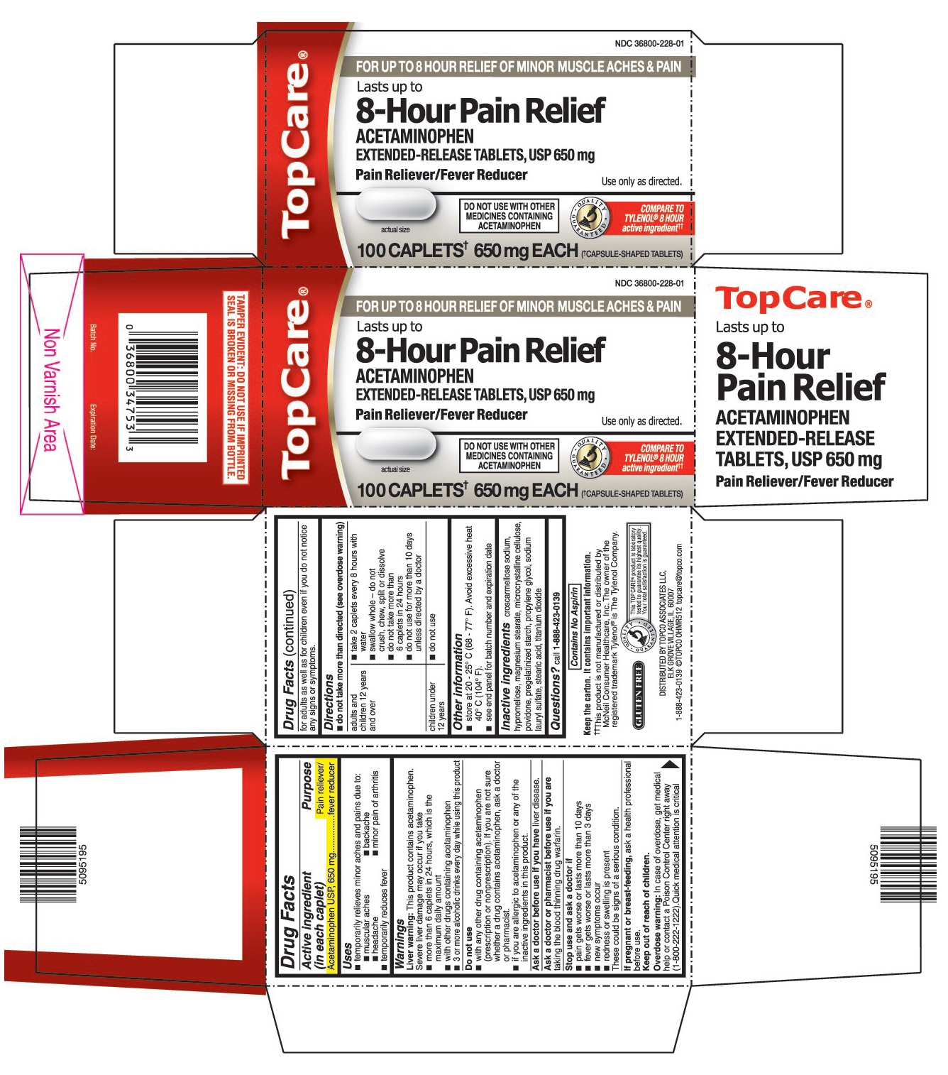 This is the 100 count bottle carton label for Topco Acetaminophen extended-release tablets, USP 650 mg.
