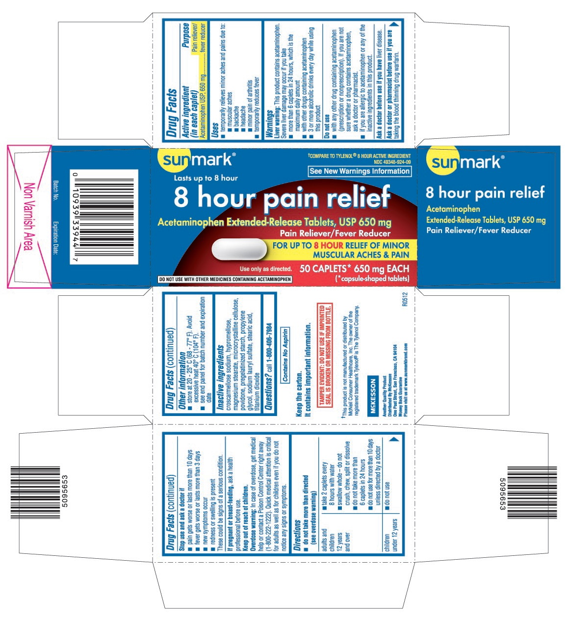 This is the 50 count bottle carton label for Sunmark Acetaminophen extended-release tablets, USP 650 mg.