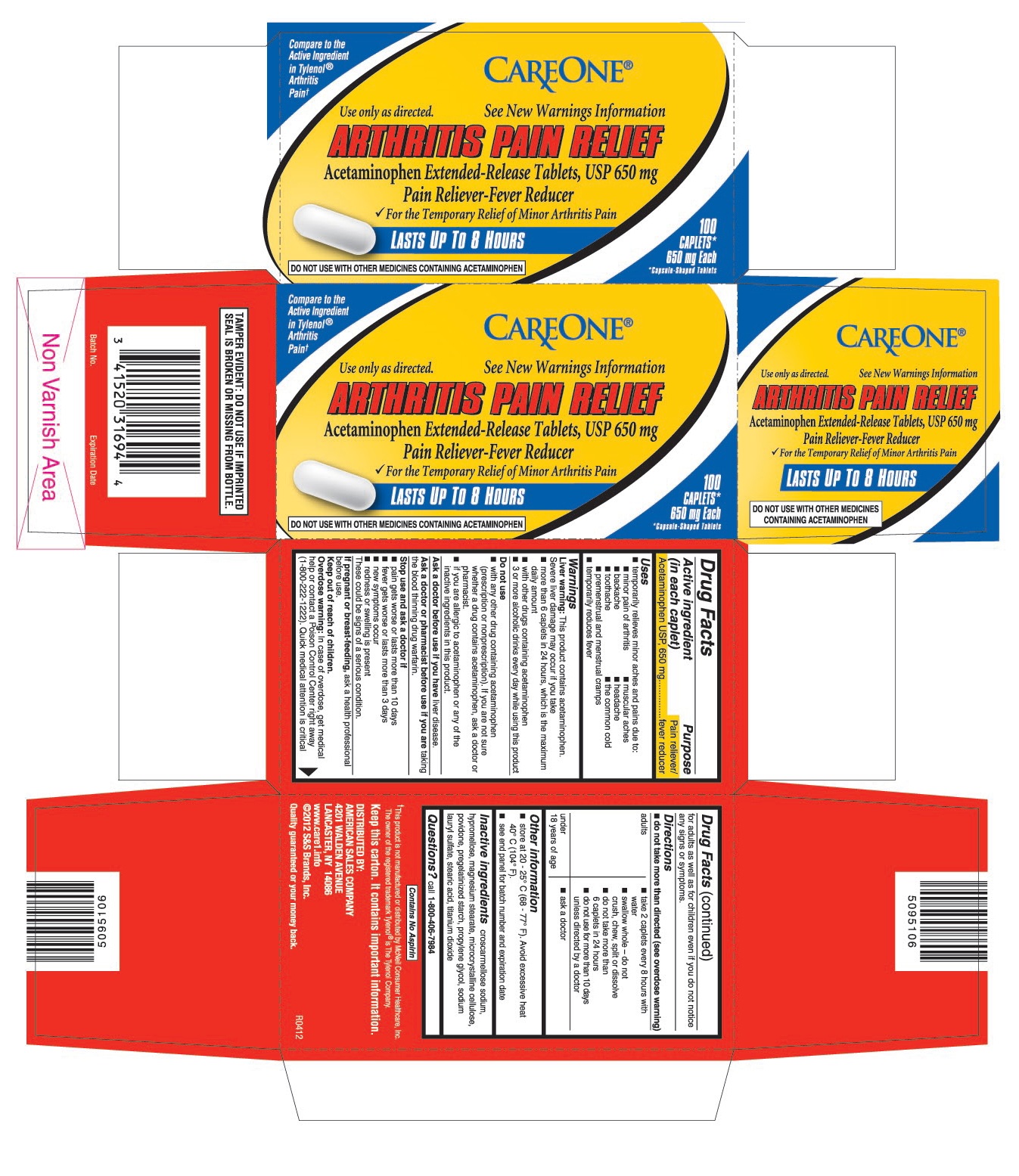 This is the 100 count bottle carton label for Careone Acetaminophen extended-release tablets, USP 650 mg.