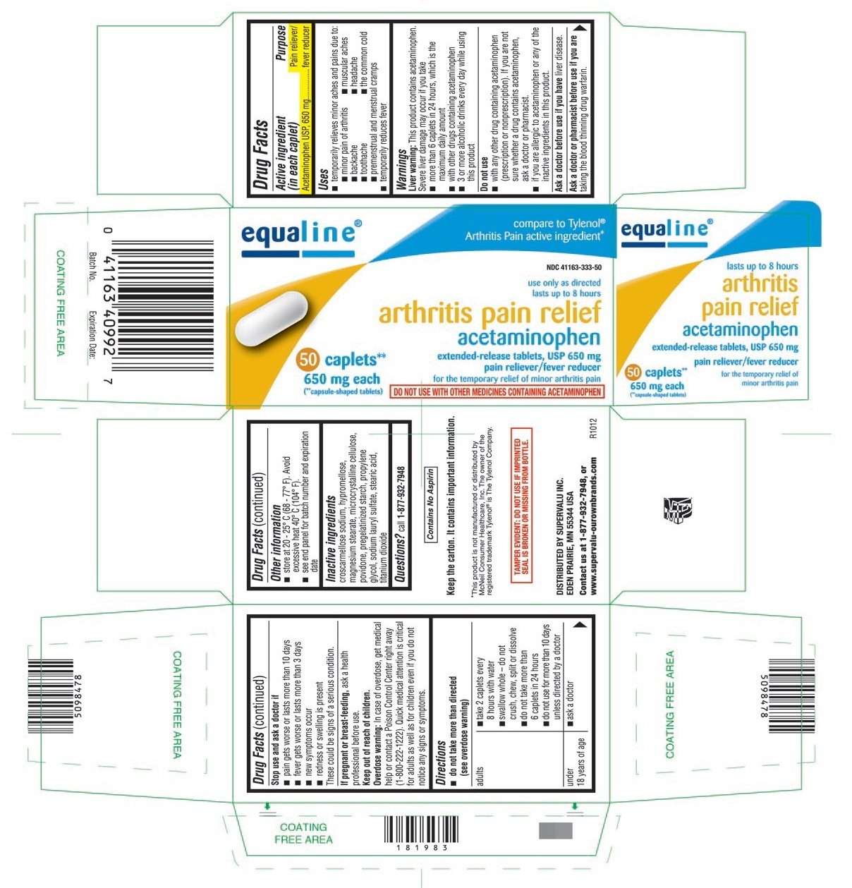 This is the 50 count bottle carton label for Equaline Acetaminophen extended-release tablets, USP 650 mg.