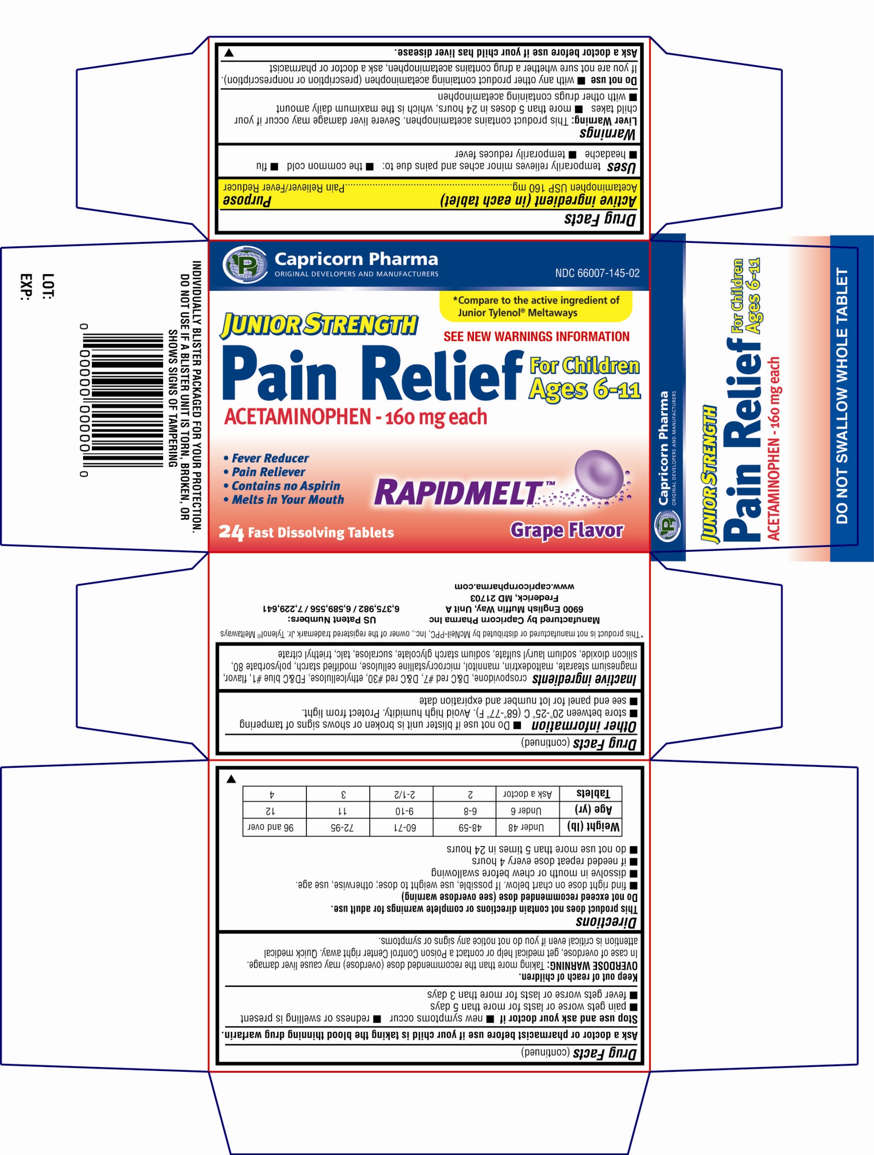 Junior strength Pain Relief Acetaminophen 160mg