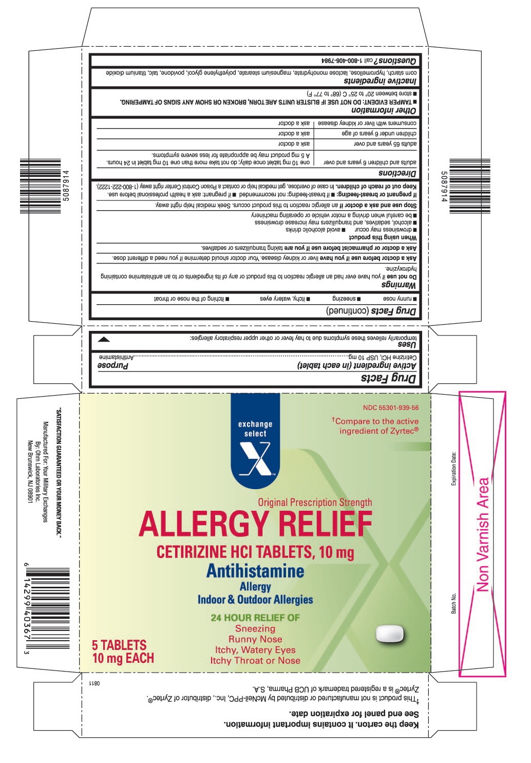 This is the 5 count blister carton label for Exchange Select Cetirizine HCl tablets, 10 mg.