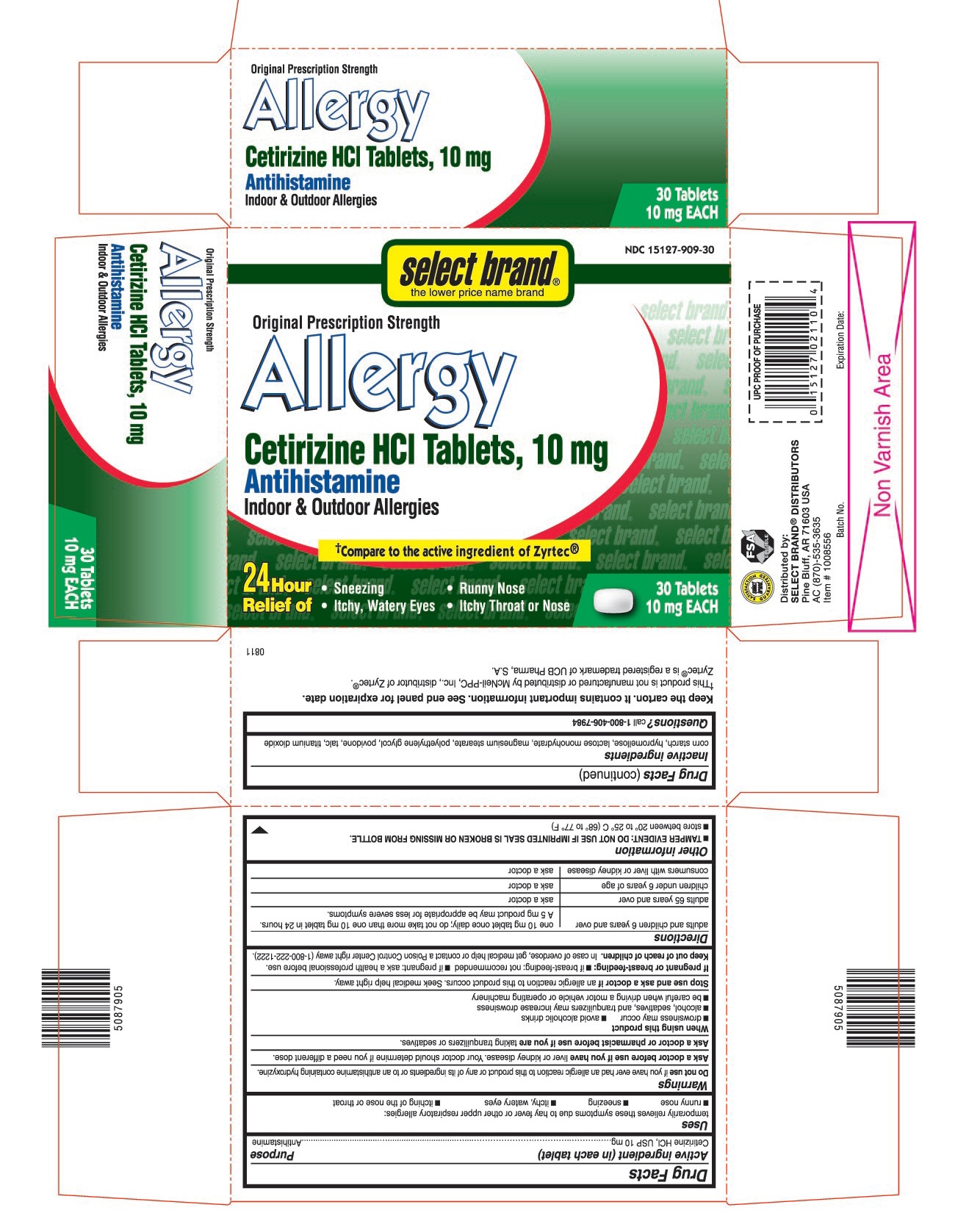This is the 30 count bottle carton label for Select Brand Cetirizine HCl tablets, 10 mg.