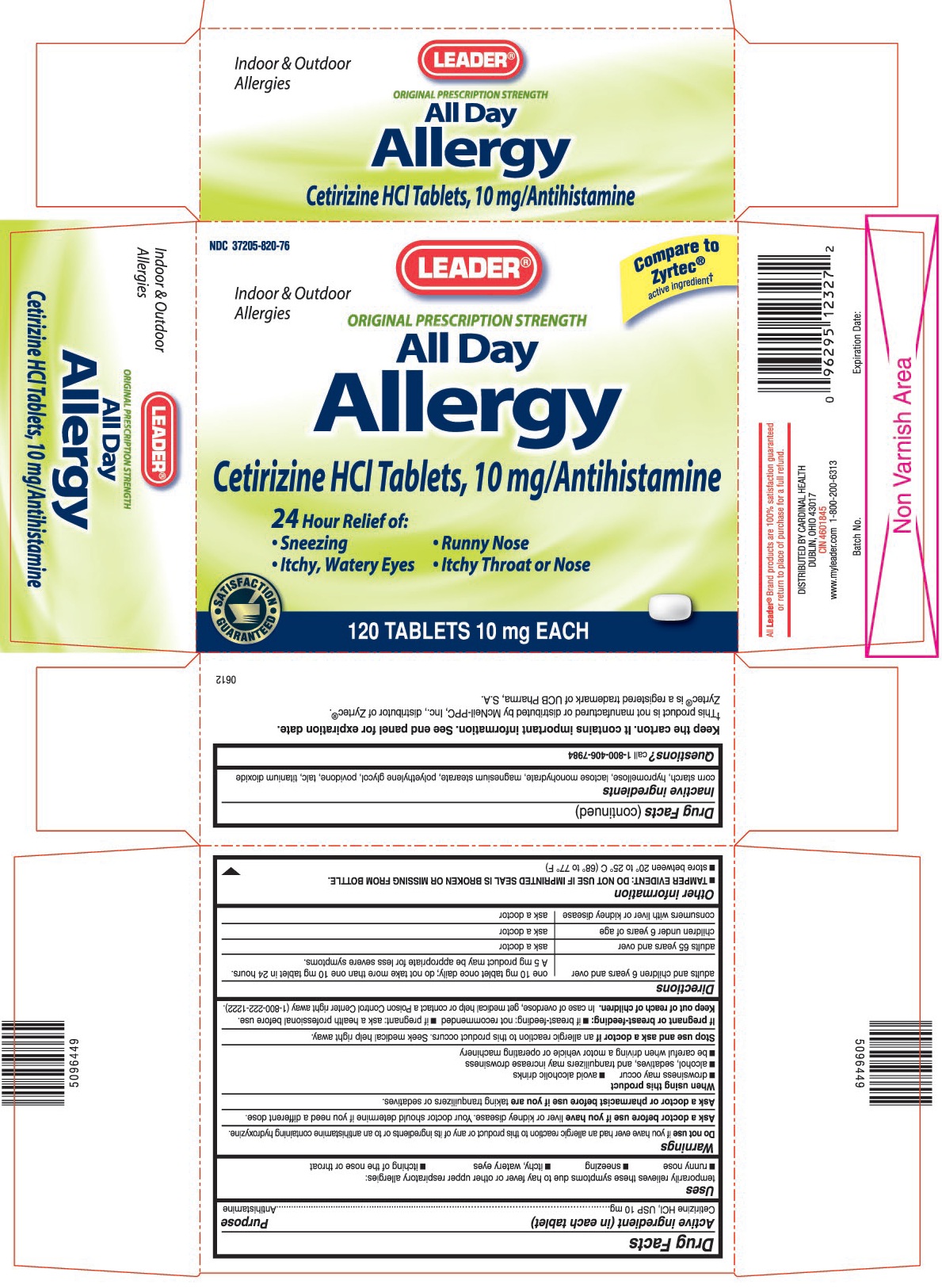 This is the 120 count bottle carton label for Leader Cetirizine HCl tablets.