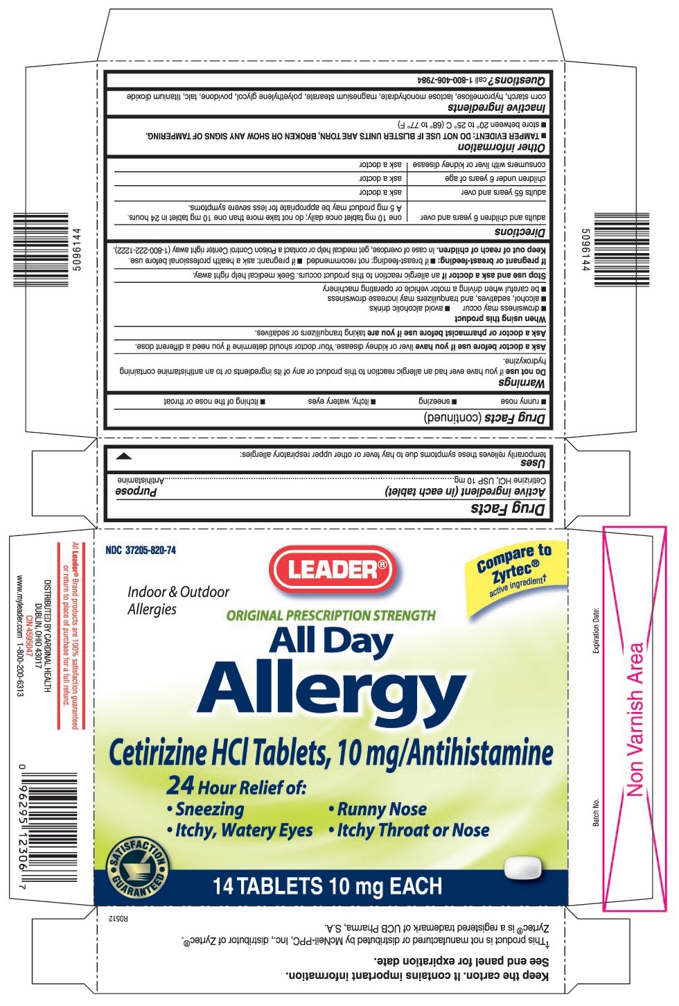 This is the 14 count blister carton label for Leader Cetirizine.