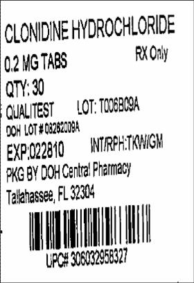This is an image of the label for 0.2 mg Clonidine Hydrochloride Tablets.